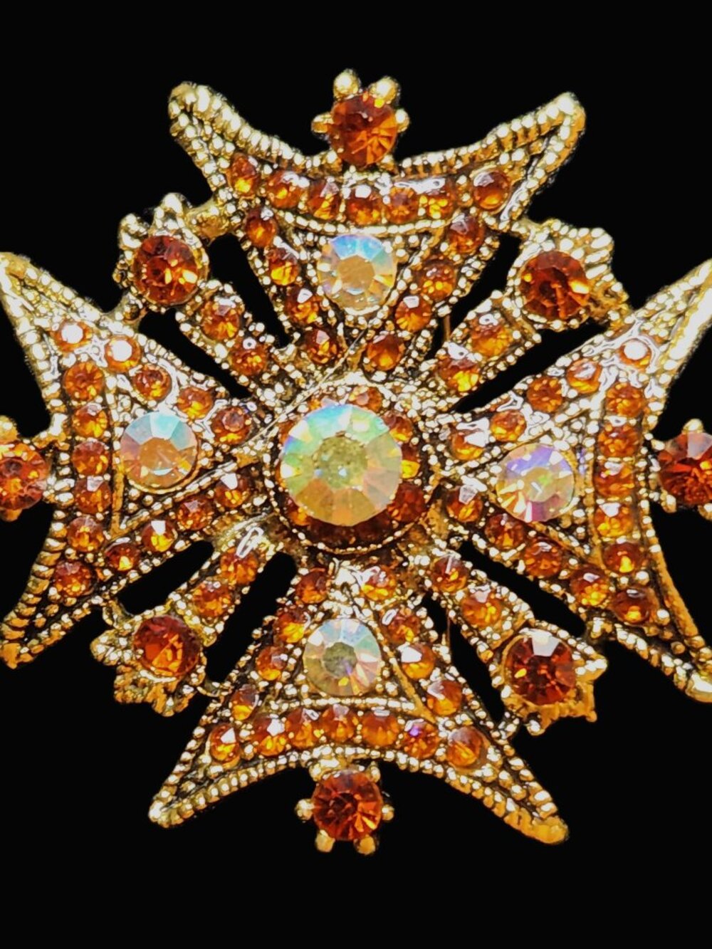 AMBER & AB stones CROSS PIN Brooch PENDANT set in Gold Tone NEW by Ornaments